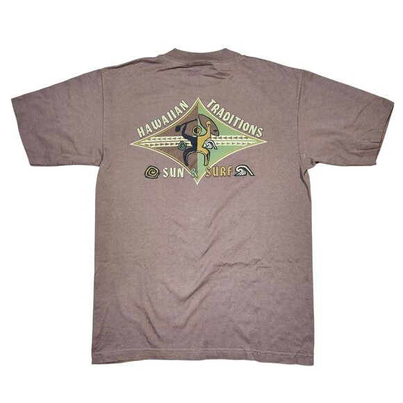 Hawaiian Traditions Sun & Surf Graphic T-Shirt Murina M 100% Cotton Brown - Picture 1 of 8